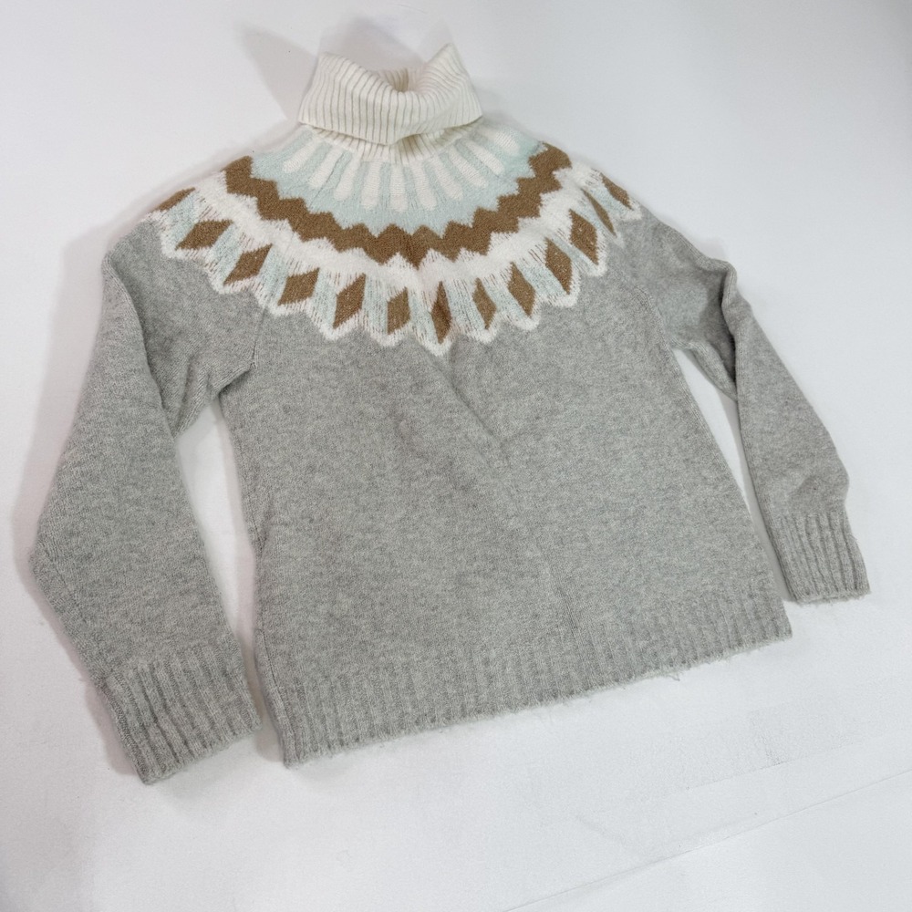 J Crew Sweater Womens Medium Gray Fair Isle Turtleneck Wool Alpaca Pullover Knit